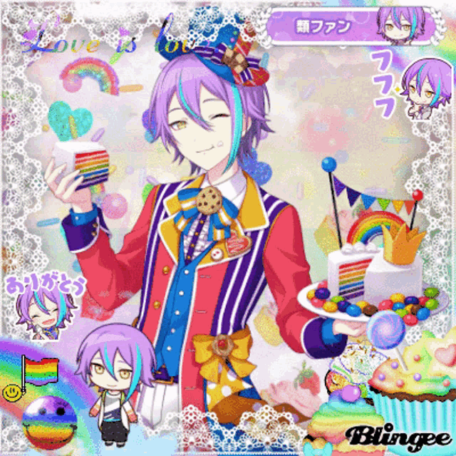 a clown with purple hair is holding a plate of candy and cupcakes