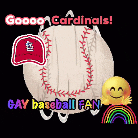 a cartoon drawing of a baseball with the words goooo cardinals gay baseball fan on it