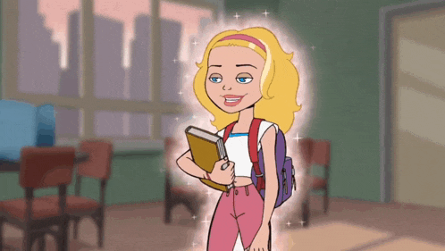 a cartoon girl with blonde hair and blue eyes is holding a book and a backpack