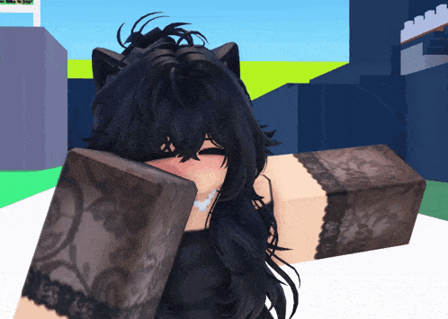 a girl with black hair and cat ears covering her face