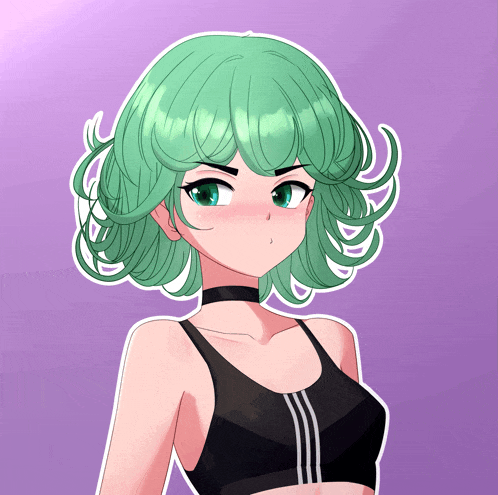 a drawing of a girl with green hair and a black top