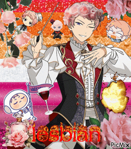 a picture of a man with flowers in his hair and the word lesbian in red