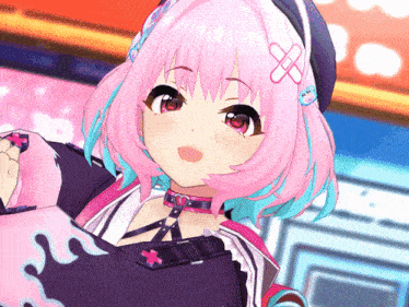 a close up of a girl with pink hair and a cross on her head