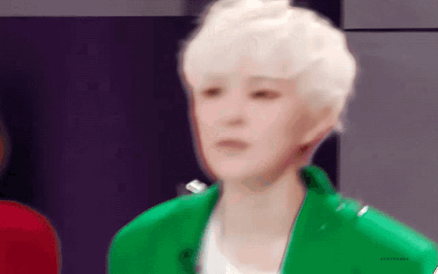 a man with short white hair is wearing a green jacket .