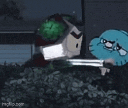 a cartoon character from the amazing world of gumball is holding a knife in his hand .