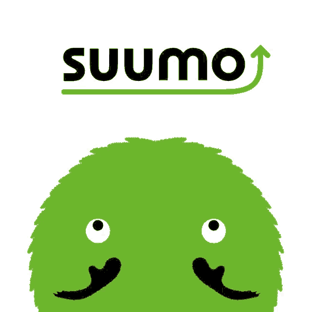 a green cartoon character with a smiling face and the word suumo underneath it
