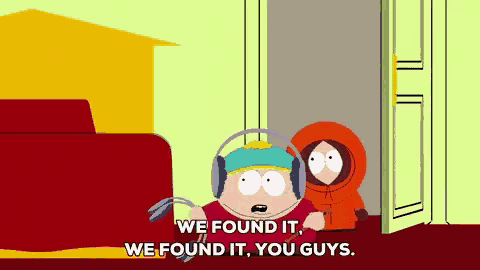 a cartoon character with headphones on says we found it we found it you guys