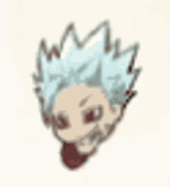 a cartoon drawing of a person 's head with blue hair and a red tongue .