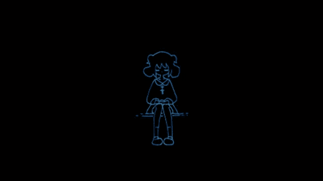 a drawing of a girl sitting on a bench with a black background