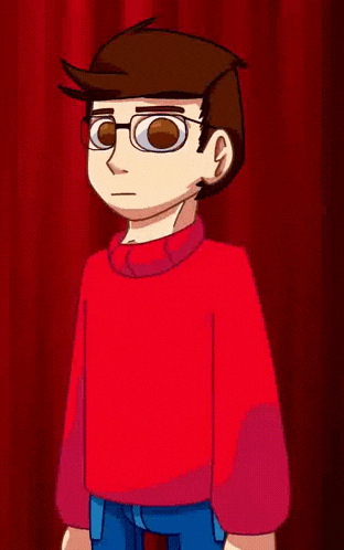a cartoon of a man wearing glasses and a red sweater standing in front of a red curtain .