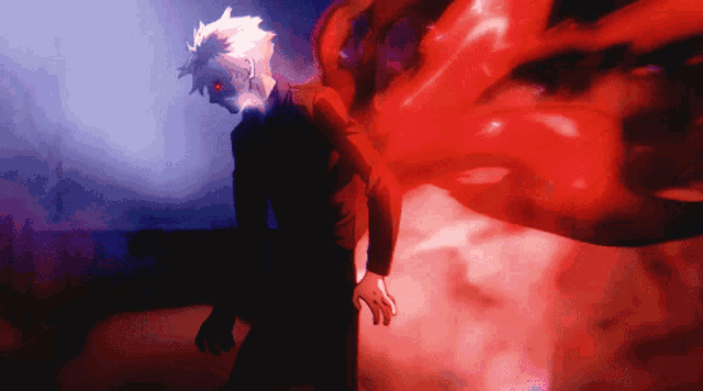 a man with white hair and red eyes is standing in the dark