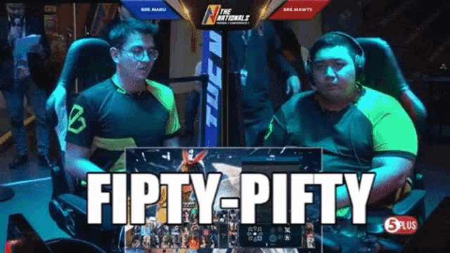 two men are playing a video game and one of them says fifty-fifty