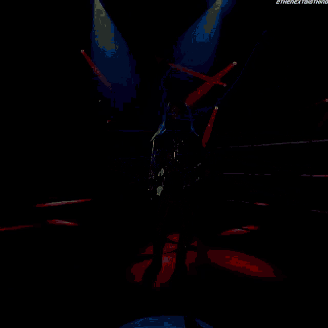 a woman in a wrestling outfit is standing in the middle of a ring with red lights behind her