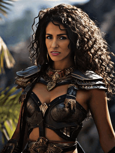 a woman with curly hair is wearing armor and a necklace with the letter w on it