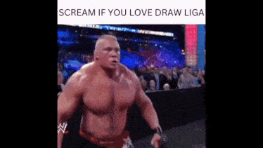 a shirtless wrestler is screaming in front of a crowd while holding a gun .
