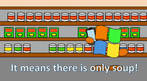 a sign that says it means there is only soup in front of a shelf full of cans of soup