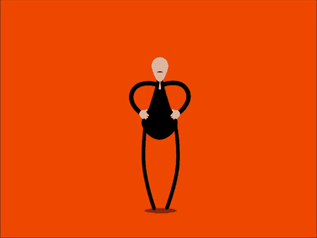 a cartoon of a man with long legs and a white head on an orange background