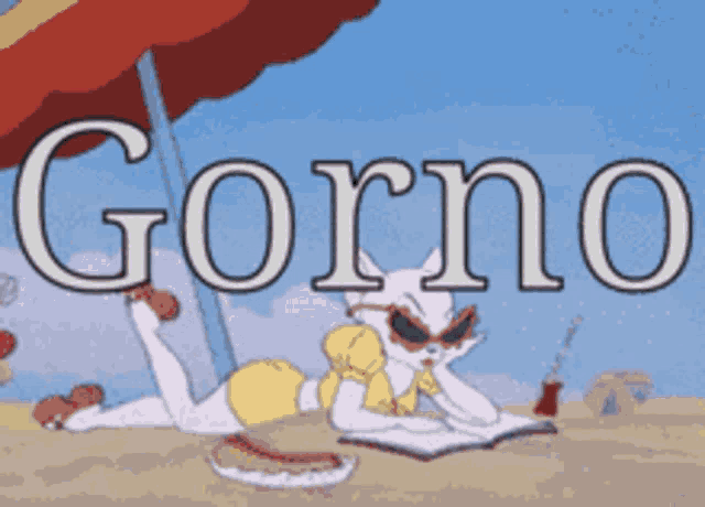 a cartoon of a cat laying under an umbrella with the word gorno