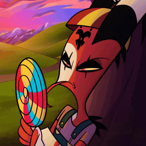a cartoon character is holding a colorful lollipop and looking at himself