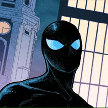 a comic book character with blue eyes stands in front of a building
