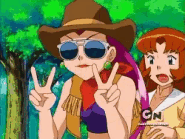 a cartoon character wearing a cowboy hat and sunglasses gives a peace sign .