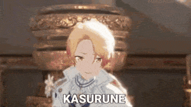 a cartoon character is sitting in front of a statue and says kasurune .