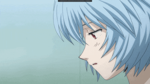 a close up of a girl 's face with blue hair and red eyes