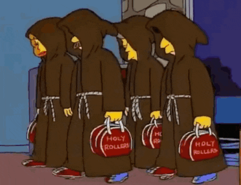 a group of cartoon monks are holding bags that say holy rollers