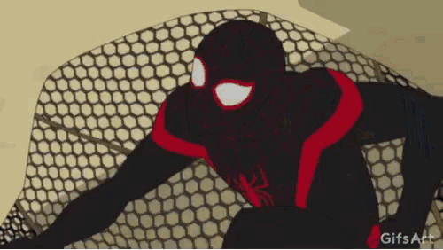 a cartoon of a spider-man in a black and red suit standing next to a fence .