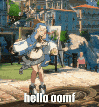 a video game character says hello oomf while holding a painting