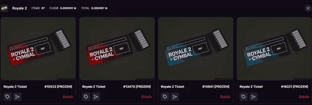four royale 2 tickets are displayed on a black background