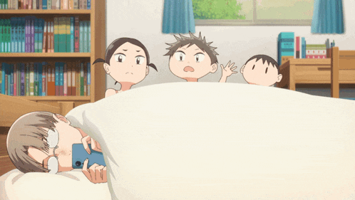 a cartoon of a man laying in bed with two children looking at him