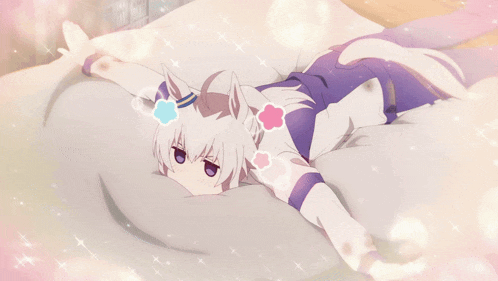 a white and purple anime character laying on a blanket