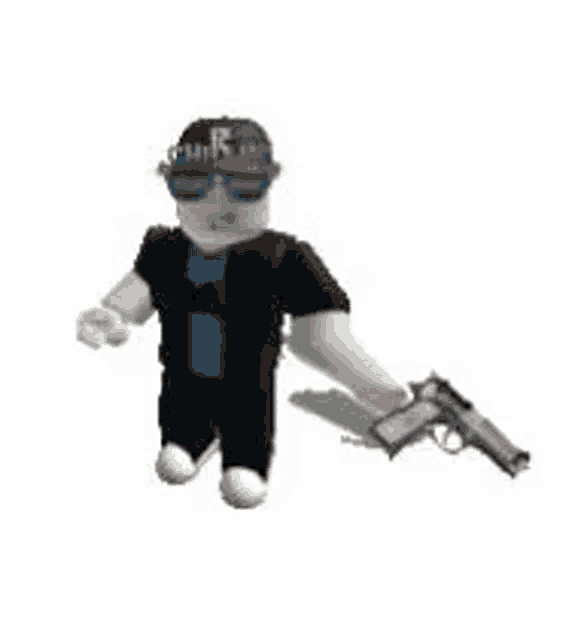 a roblox character is holding a gun .