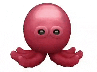 a red octopus with two eyes and four tentacles on a white background