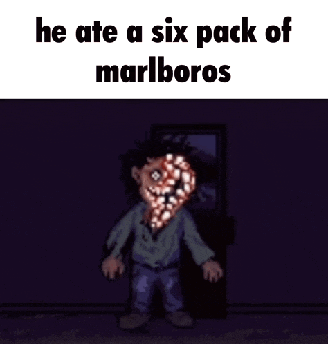 a cartoon character with a face that says he ate a six pack of marlboros on it