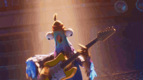 a chicken is playing a guitar in a dark room