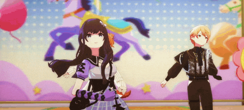 a girl in a purple dress is standing next to a boy in a black suit .