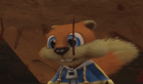 a cartoon squirrel with a sword in his mouth