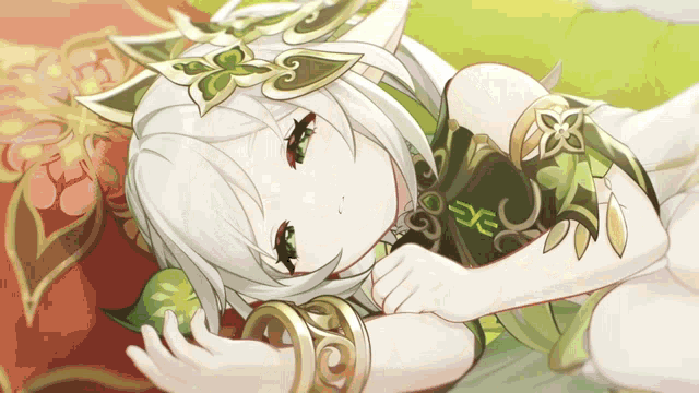 a girl with white hair and green eyes is wearing a green and gold outfit