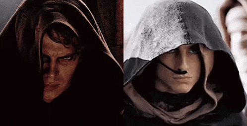 a close up of a man wearing a hood and a close up of another man wearing a hood