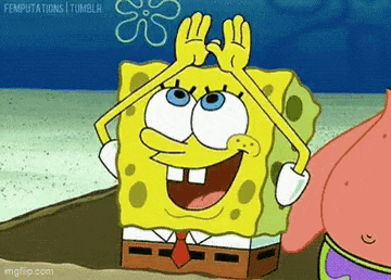 a cartoon of spongebob squarepants making a funny face while patrick looks on .