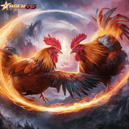a painting of two roosters in a fire circle with the logo agen 69 on the bottom
