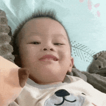 a baby is laying on a bed with a stuffed animal .