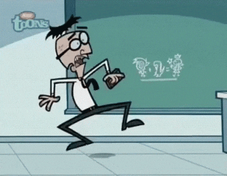 a cartoon man is running in front of a chalkboard in a classroom .