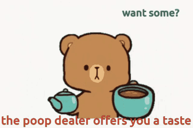a cartoon of a teddy bear drinking from a cup that says want some