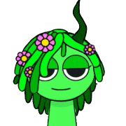 a green cartoon character with flowers in her hair and a horn .