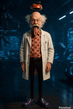 a cartoon scientist with an apple on his head