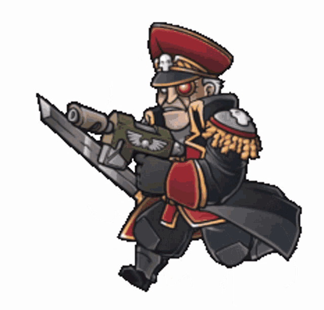 a cartoon of a man holding a sword and gun