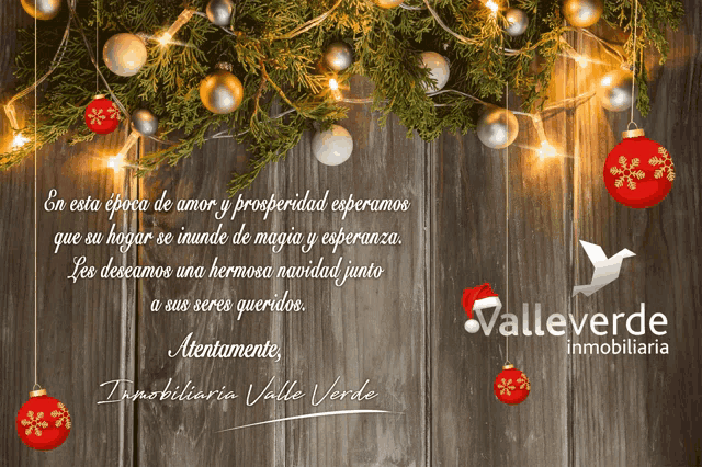 a greeting card from valleverde inmobiliaria with christmas decorations